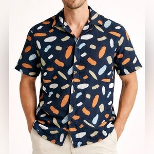 Common People Contour Shirt Blue Geometric All Over Print Short Sleeve Sz M